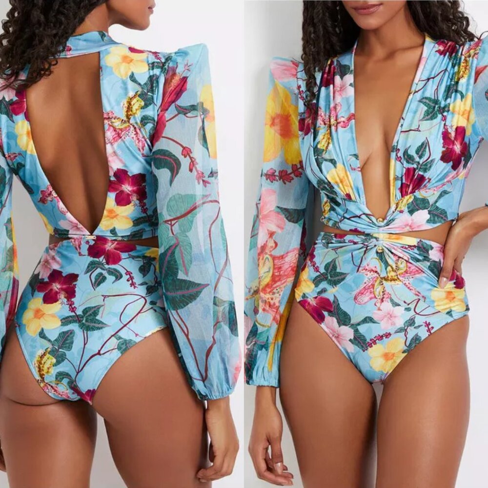 NWT PatBO Cut-out Plunge Bodysuit Blue-Multi Printed Floral Blouson Sleeve Sz XS